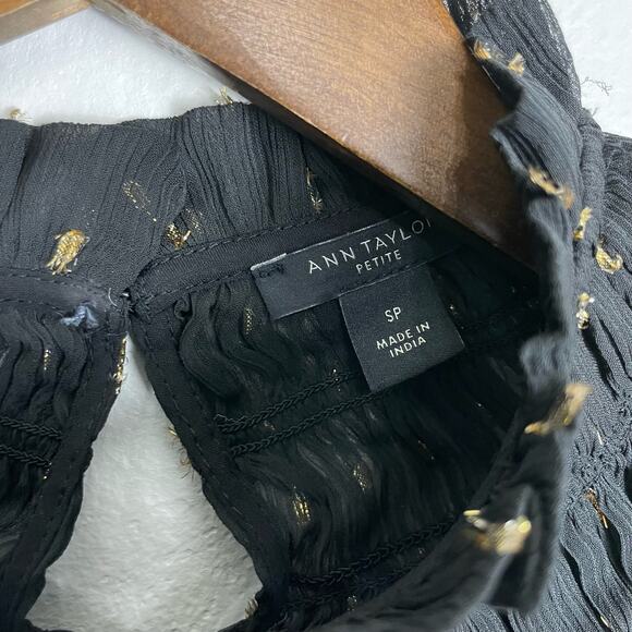 Ann Taylor | Black Chiffon Metallic Clip Smocked Ruffle Neck Top Career Blouse - Picture 12 of 13